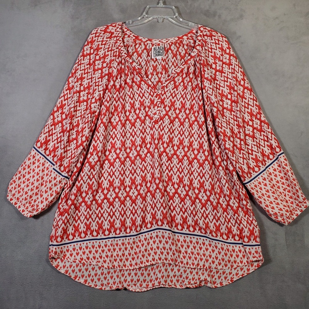 Beach‎ Lunch Lounge Top Womens 2X Red Ikat Print Peasant Long Sleeve Boho Artsy